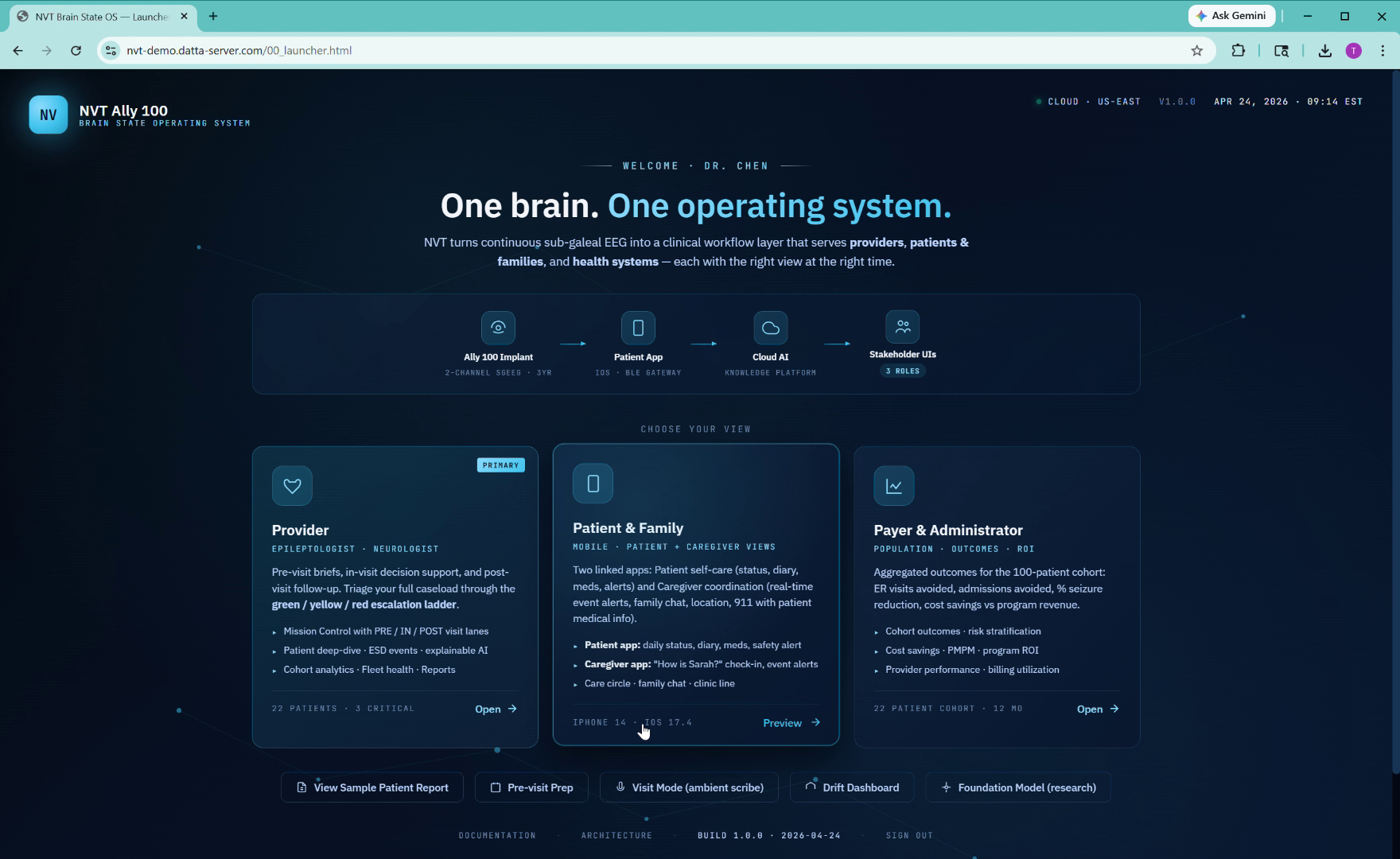 NVT Brain State Operating System - showing the three portal views: Provider, Patient & Family, and Payer & Administrator