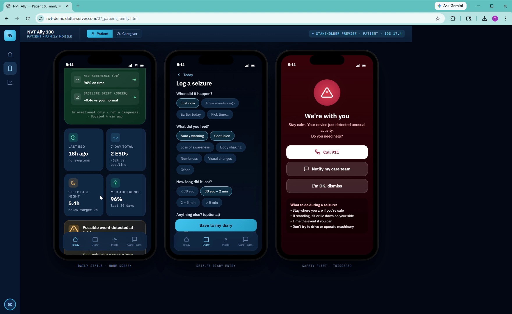 NeuroView Patient App showing daily status, seizure diary entry, and safety alert screens