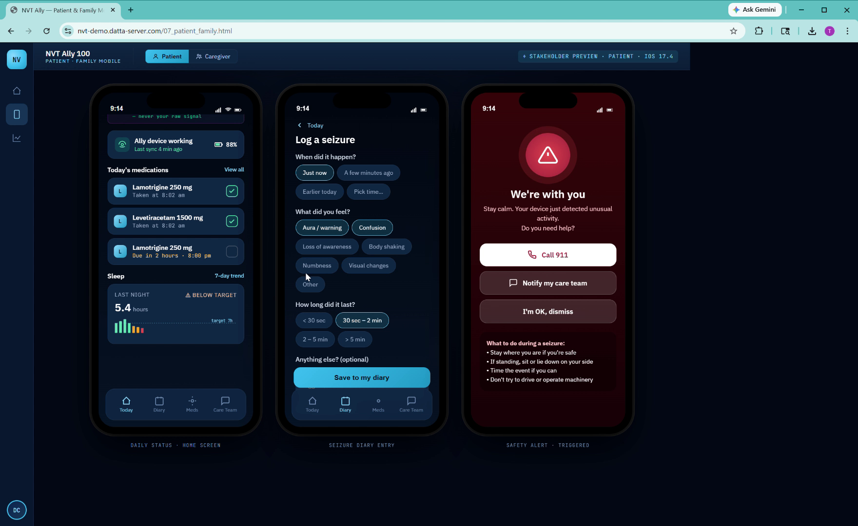 Patient app seizure diary and tracking