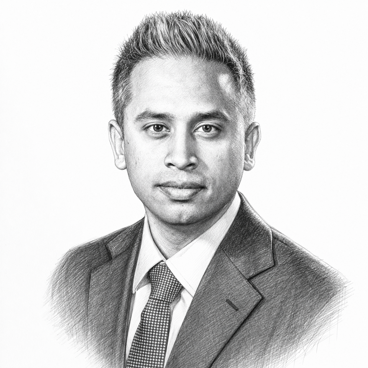 Pencil sketch portrait of Timir Datta-Chaudhuri, PhD